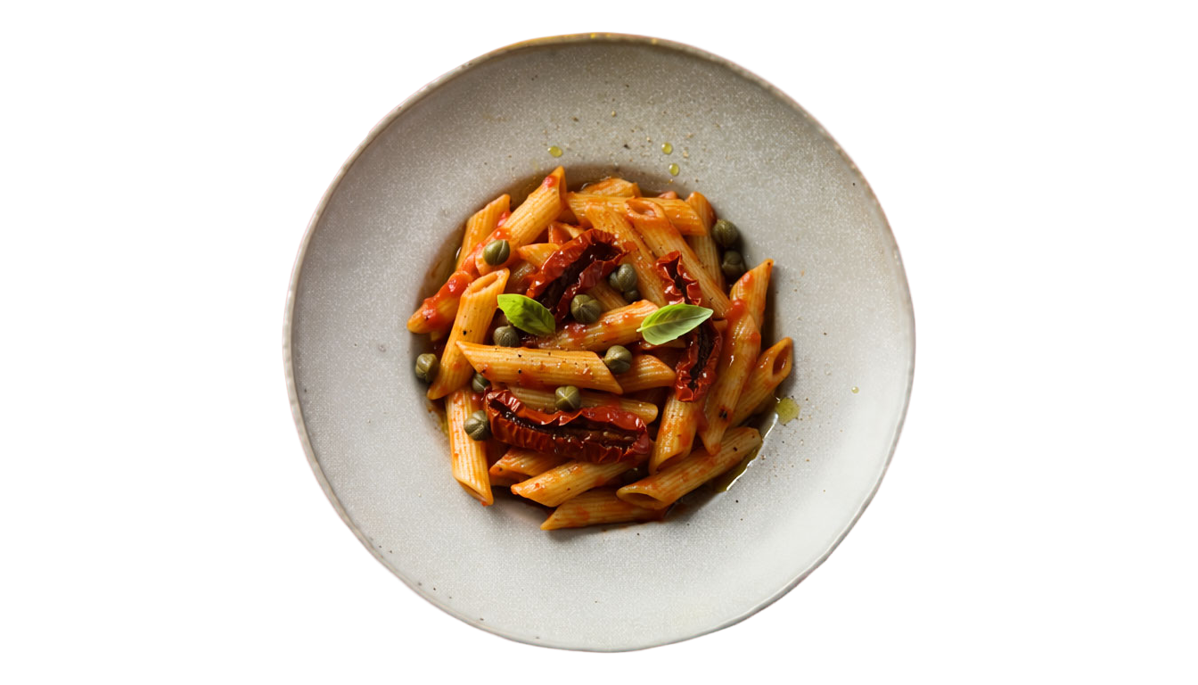 Penne with sun-dried tomatoes, capers & red pepper sauce featured image
