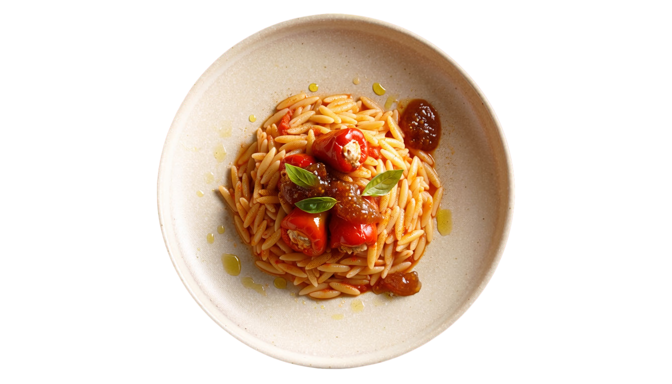 Orzo with stuffed peppadoro peppers, tomato-cinnamon sauce &amp; fig jam featured image
