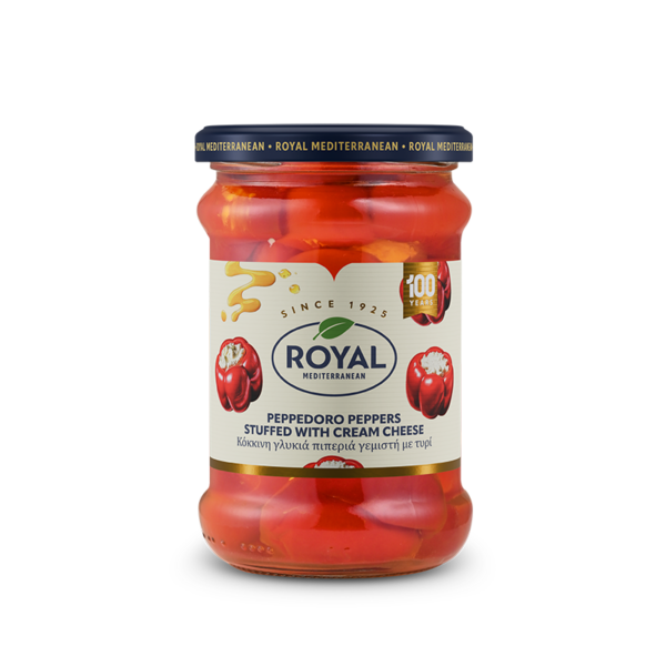 Sweet red “peppedoro” peppers stuffed with cream cheese